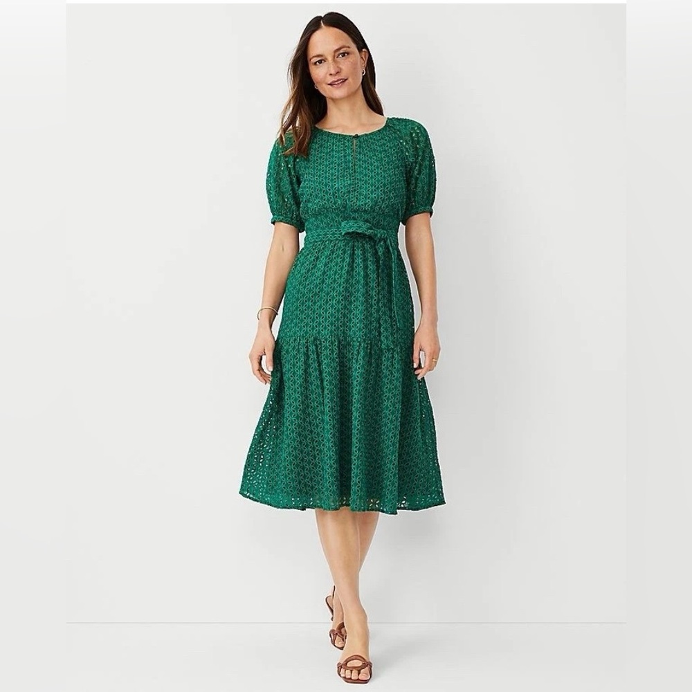 Ann Taylor Eyelet Tiered Midi Dress Size 8P Green Belted Puff Sleeves Feminine‎